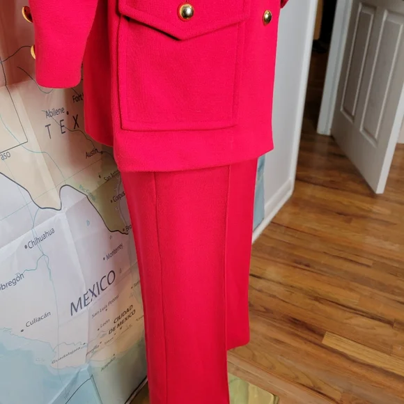 Vintage 1960s Sebastian Red Belted Jacket and Pant Suit With Gold Buttons Set - Picture 4 of 16